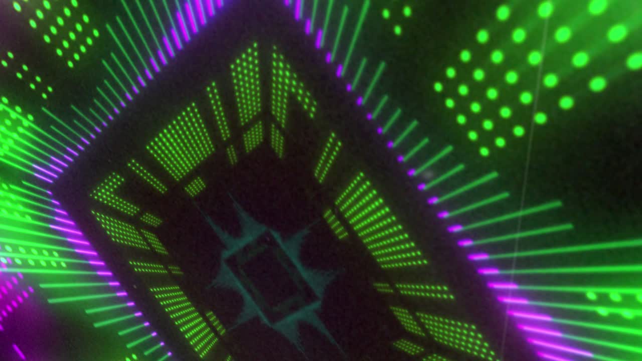 animación de pantalla de luz 3d rectangular verde, rosa y amarillo que se mueve sobre un fondo negro