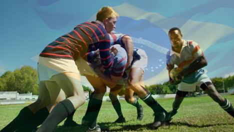 On field, rugby players in action with animation of flag overlaying scene