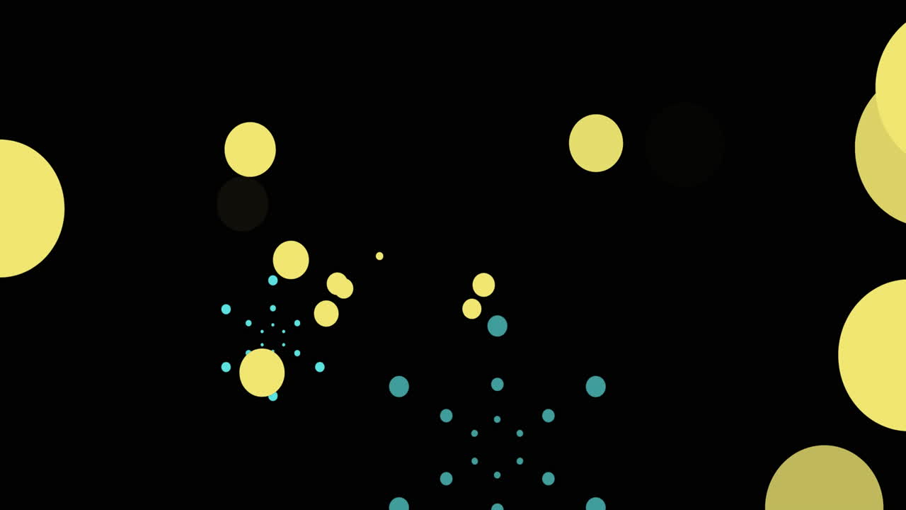 Animation of blue firework explosions and bokeh yellow light spots on black background