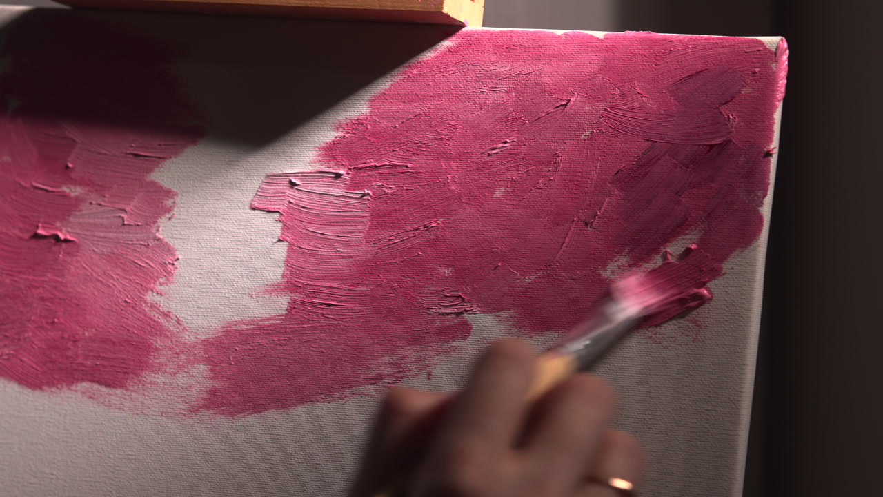 Bold Magenta Strokes On Canvas Creating Textured Ground And Background Artist Applies Thick Pigment With Broad . Media