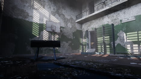 abandoned gym with sunlight filtering through cracked windows