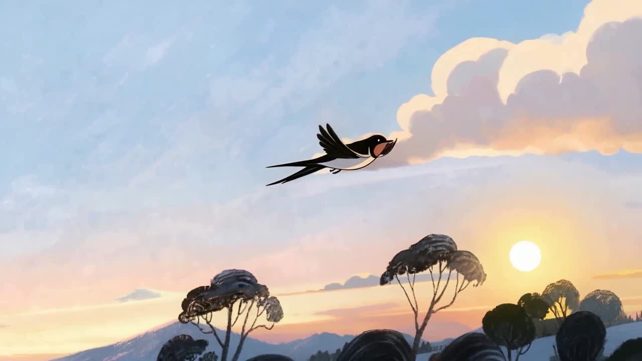 Swallow crossing the sky at dawn