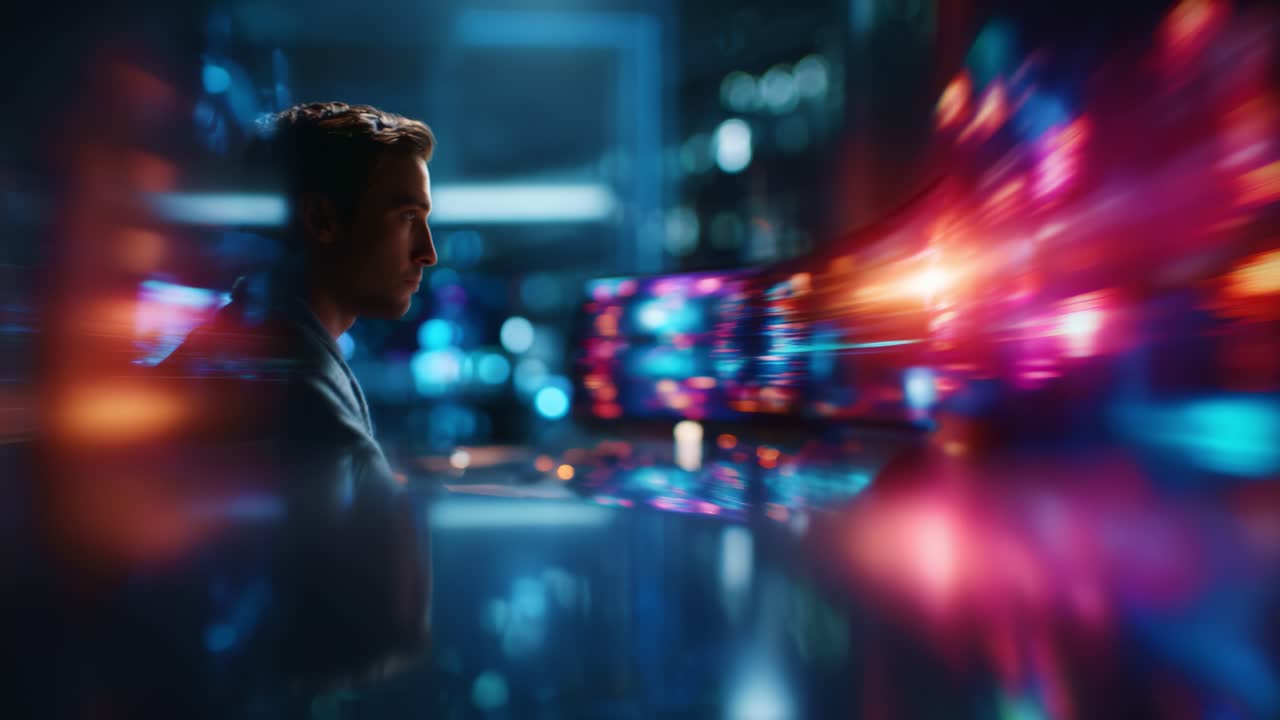 Massima concentrazione: un professionista analizza dati digitali in una sala di controllo futuristica con effetti visivi vivaci e un ambiente di lavoro high-tech