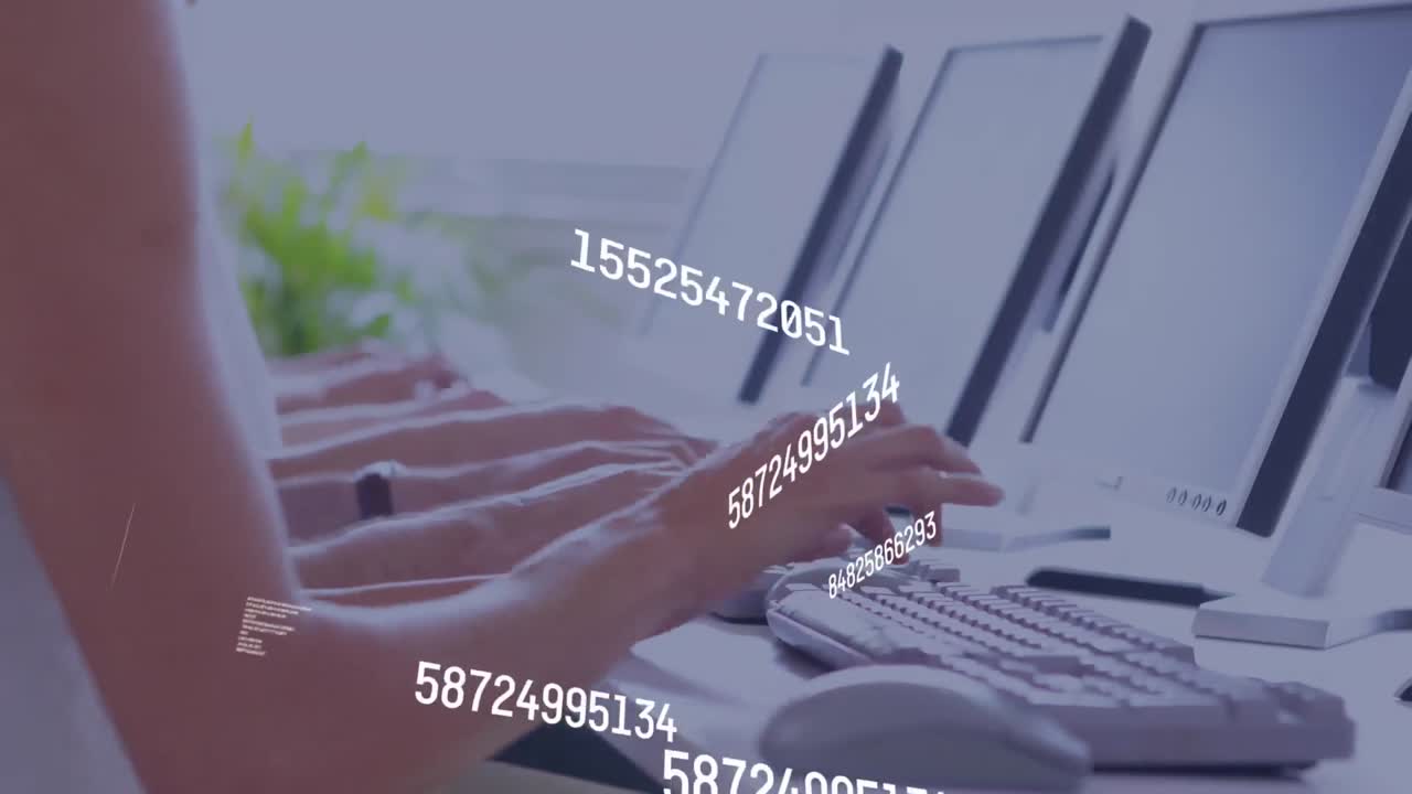 Animation of changing numbers over mid section of diverse collegaues using computers at office
