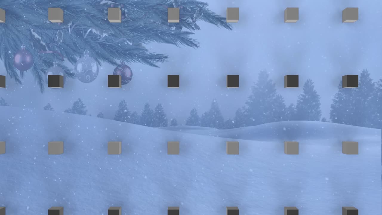 큐브 패턴과 크리스마스 눈이 겨울 풍경 위에 떨어지는 줄의 애니메이션