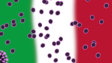 ilustración abstracta de la bacteria del virus de la corona frente a la bandera italiana en segundo plano