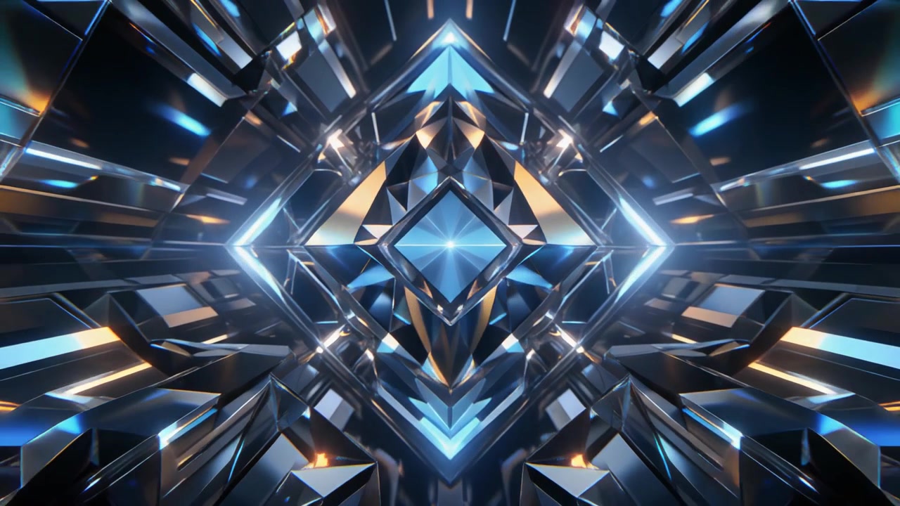 Abstract Geometric Tunnel with Glowing Blue Light and Metallic Reflections