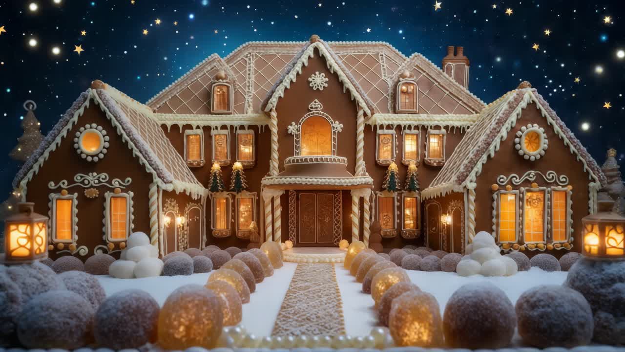 별이 빛나는 밤 아래의 거대한 진저브레드 집