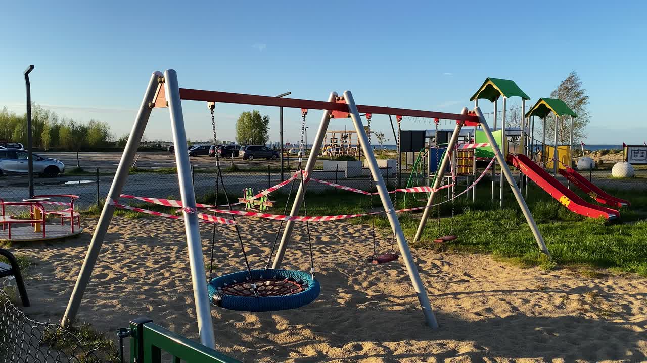 Empty Playground Park In Puck, Poland. Closed Due To Coronavirus Lockdown. Slow Motion