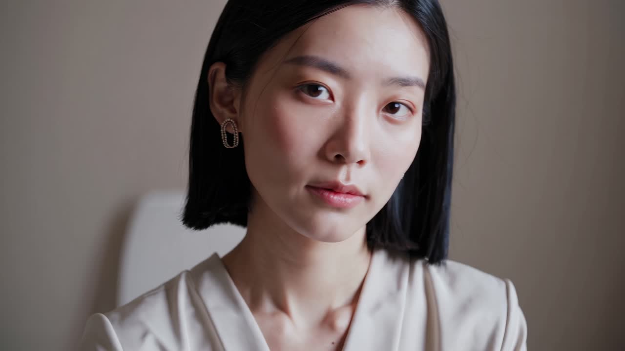 Woman with sleek bob hairstyle is engaged in deep thought, showcasing a gradual emotional transition in a serene indoor setting with soft lighting