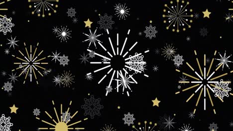 Animation of white christmas snowflakes, gold stars and new year fireworks on black background