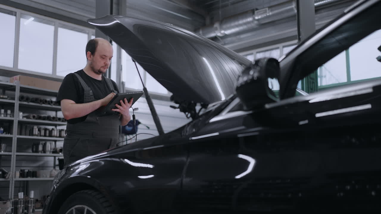 자동차 정비실에서 자동차 진단 도구를 사용하는 자동차 정비사. 자동차 서비스 관리자 또는 정비사는 미래형 인터랙티브 진단 소프트웨어를 갖춘 태블릿 컴퓨터를 사용합니다.