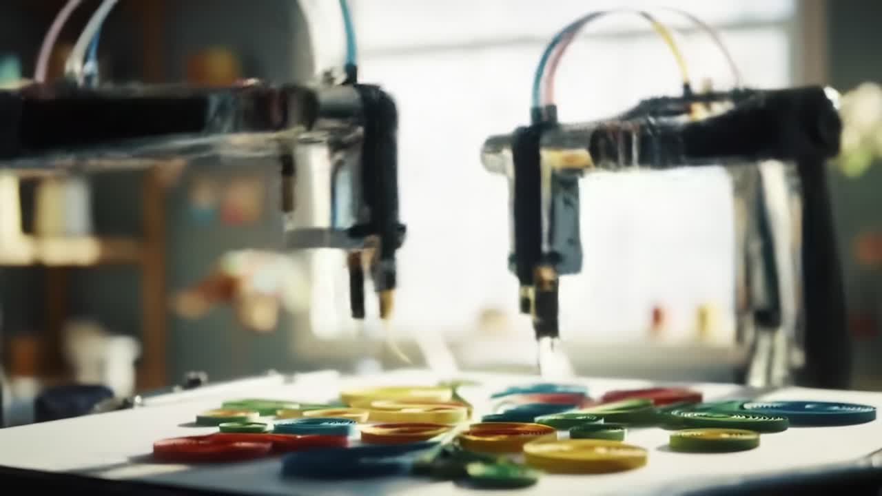 In a lively workshop, two robotic arms expertly dispense colored liquid to form intricate patterns on a surface. Watch as technology merges art with precision to create stunning designs.