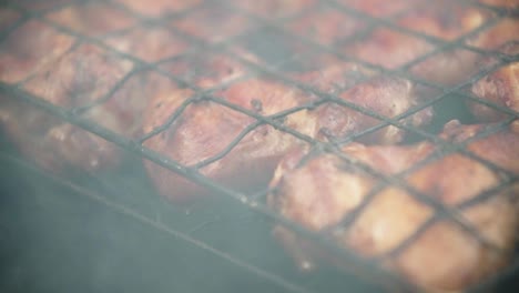 close-up shot of juicy and marinated chicken leg meat on bbq grid, smoke in slow motion