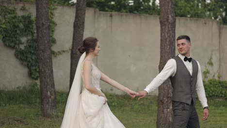 lovely newlyweds caucasian bride groom walking in park, holding hands, wedding couple family