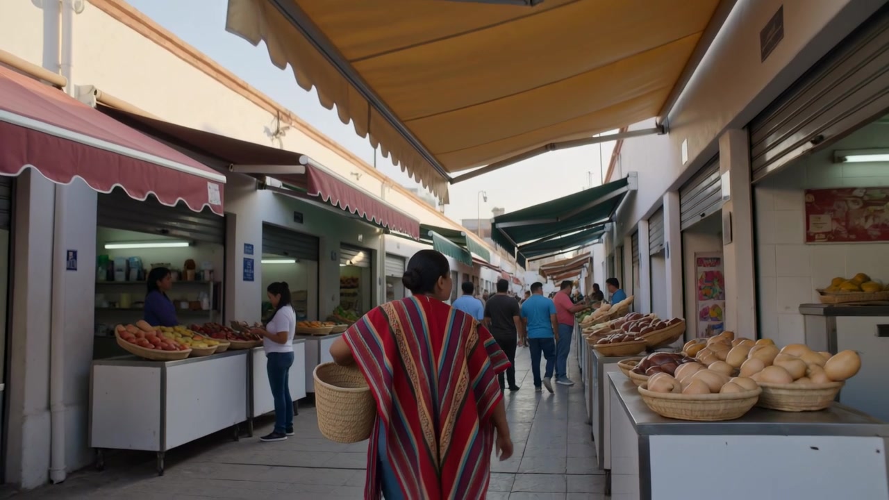 Camera tracking woman in striped poncho walking down market lane browsing produce with woven basket
