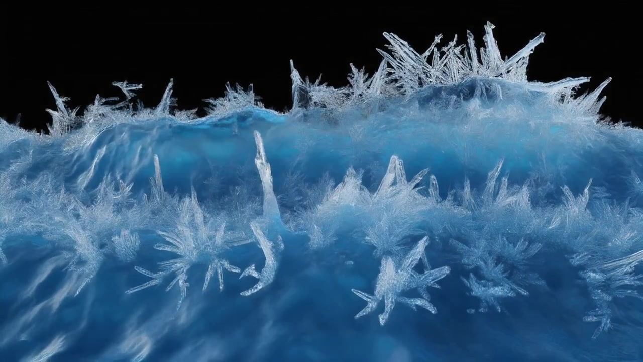 Abstract 3D Animation of Growing Ice Crystals on Blue Surface