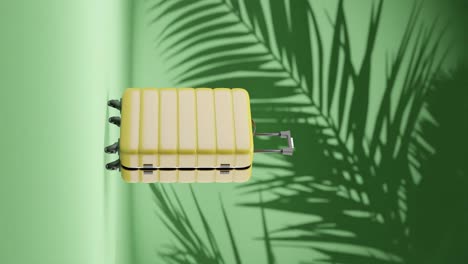 vertical of 3d rendering animation of luggage suitcase with palm tree leaf in green background shade