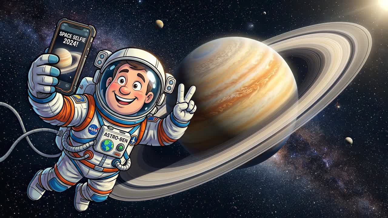 Tegnefilm-astronaut tager en selfie i rummet med Saturn