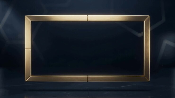 Animating gold frame scaling toward camera on glossy floor, seams aligning and revealing
