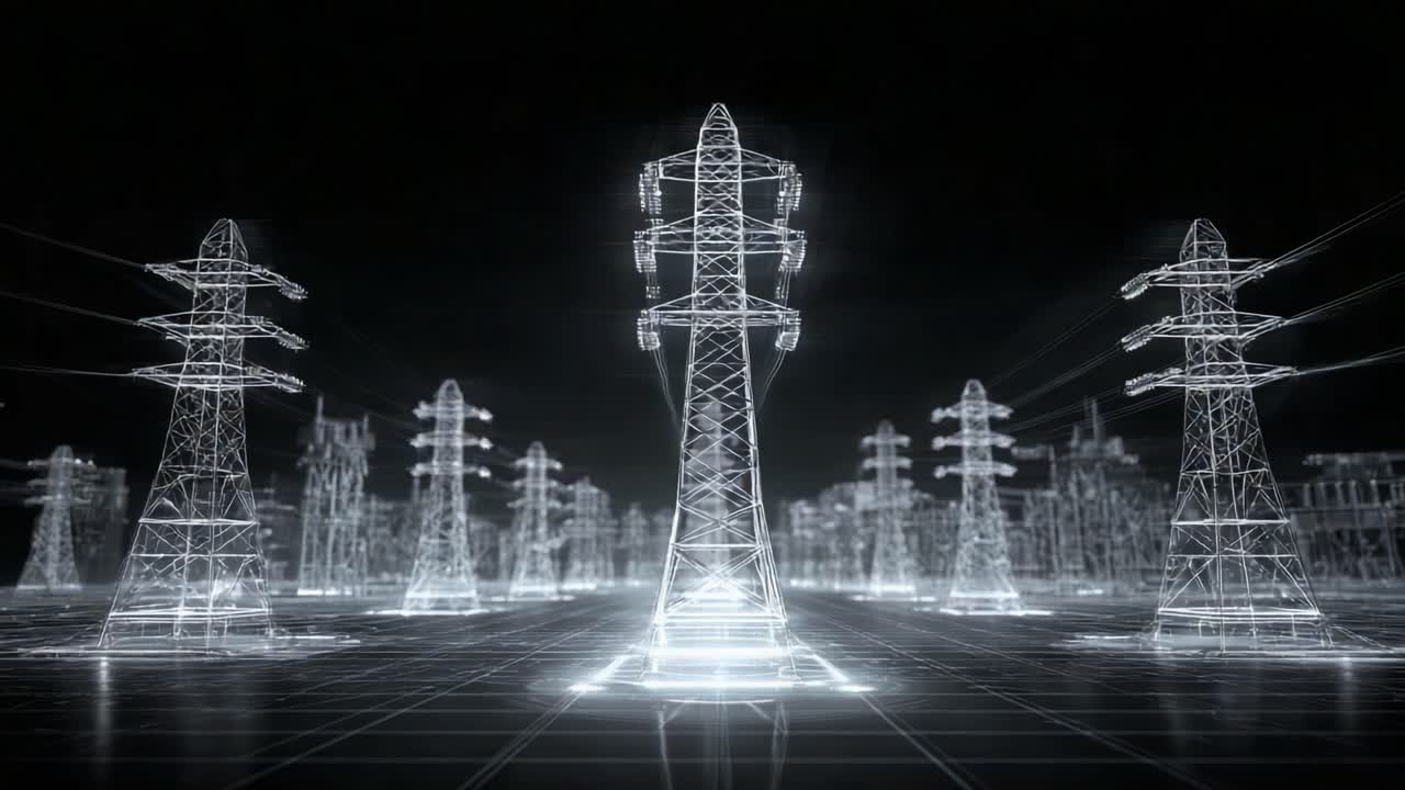 A Futuristic View of Power Transmission Towers Illuminated with Neon Lights, Showcasing the Intersection of Technology and Energy Infrastructure in a Digital Realm