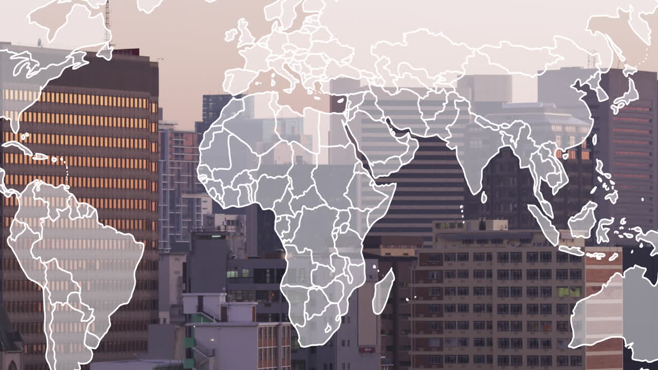 animación del mapa del mundo y procesamiento de datos sobre el paisaje urbano