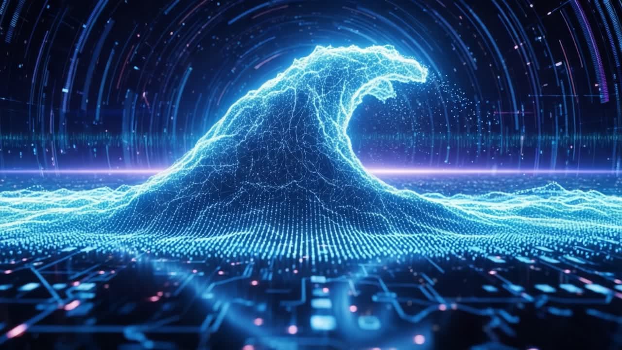 A Stunning Digital Visualization of a Glowing Wave Forming in an Electric Ocean of Data, Blending Technology with Nature's Power in a Mesmerizing Display