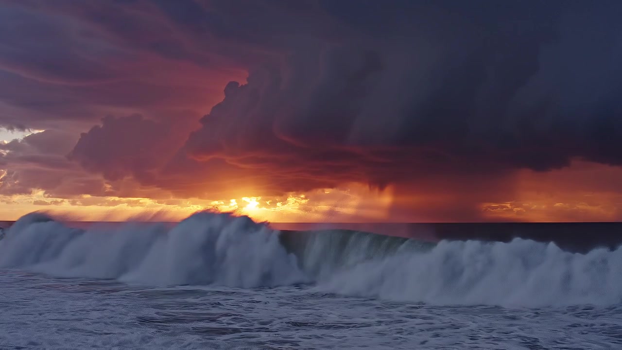 Dramatischer Sonnenuntergang über stürmischem Ozean mit tosenden Wellen