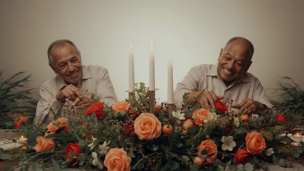 Leaning forward two senior Hispanic men adjusting centerpiece and examining candle at table in room