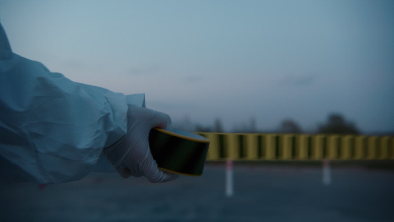 Worker in Protective Gear Handling Barrier Tape at Dusk