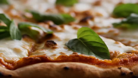 close-up of a delicious pizza with basil