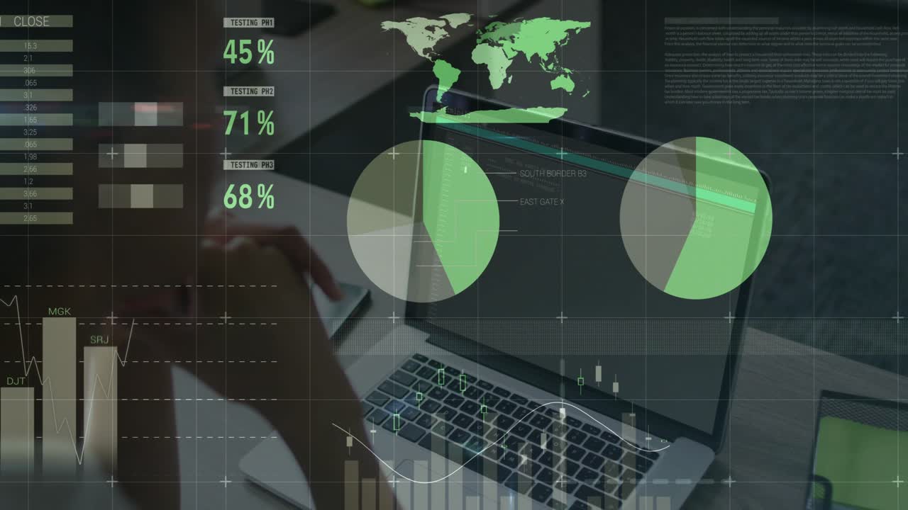 woman's hand reviewing financial metrics and moving pen down as multiple charts and map animating