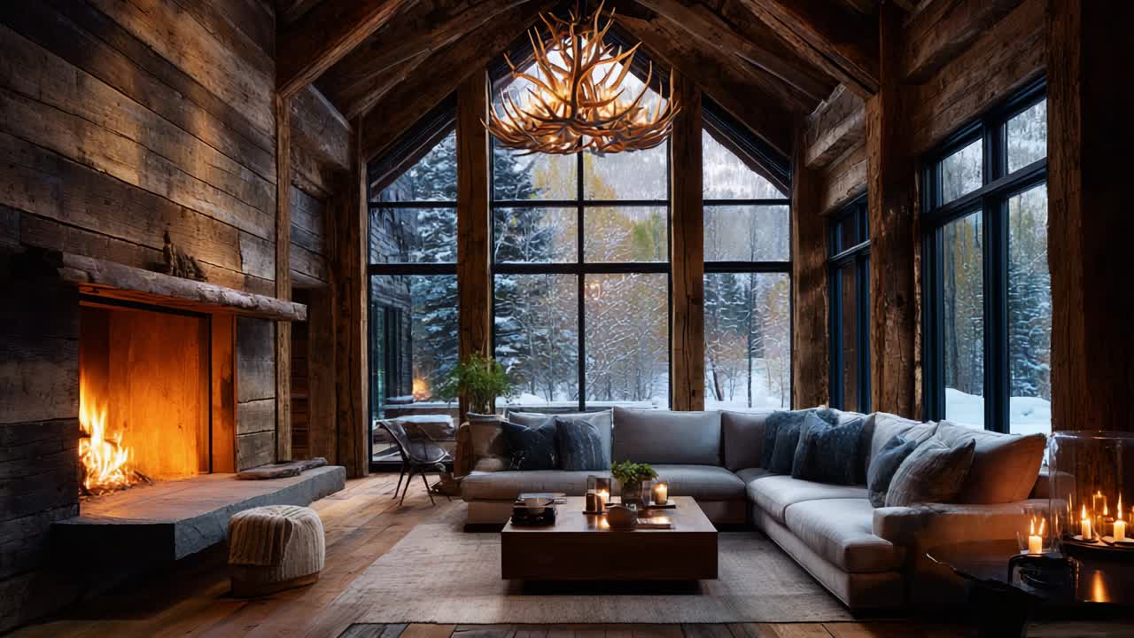 Cozy Winter Retreat: A Warm and Inviting Rustic Living Room Featuring a Beautifully Designed Fireplace, Comfortable Seating, Natural Light from Large Windows, and a Calming Snowy Landscape Outside
