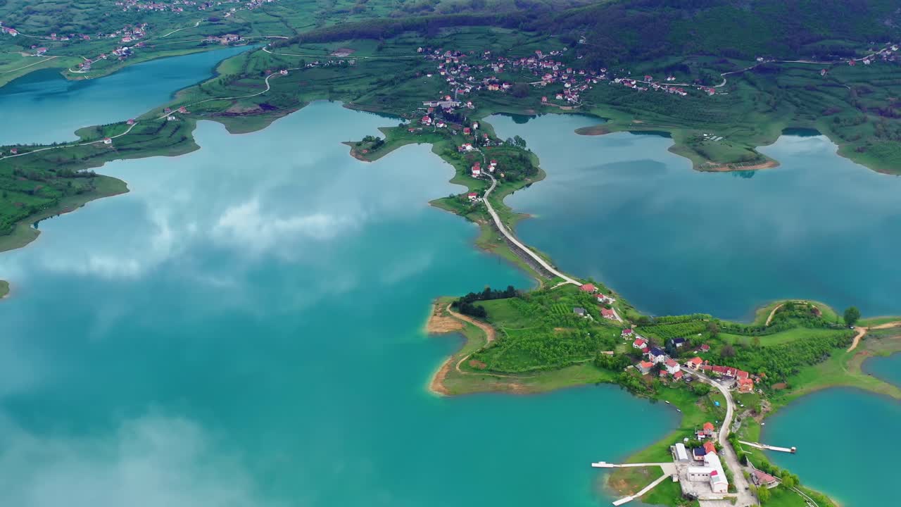 Scenic aerial of Ramsko Jezero also known as Rama Lake on cloudy day