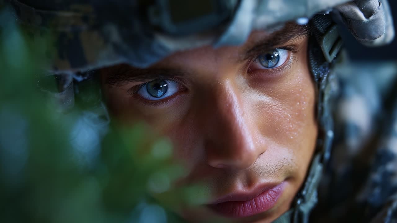 Close-up van een geconcentreerde soldaat in camouflagekleding, met intense blauwe ogen en een serieuze uitdrukking te midden van groen blad in een tactische omgeving