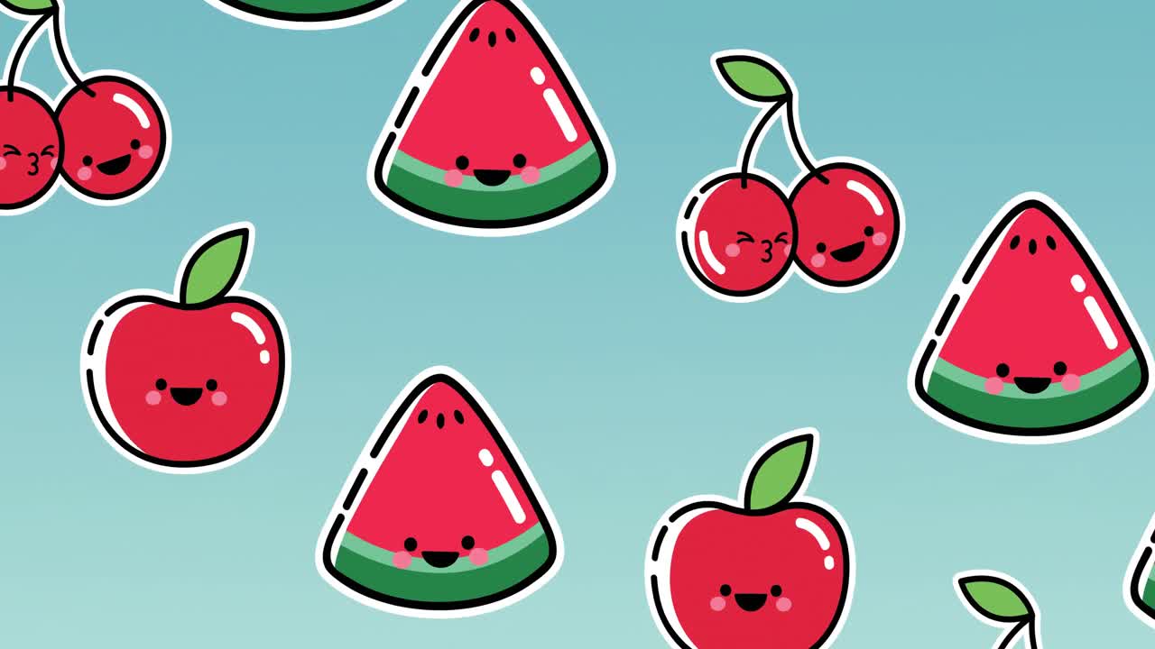 animación de frutas que caen sobre un fondo azul