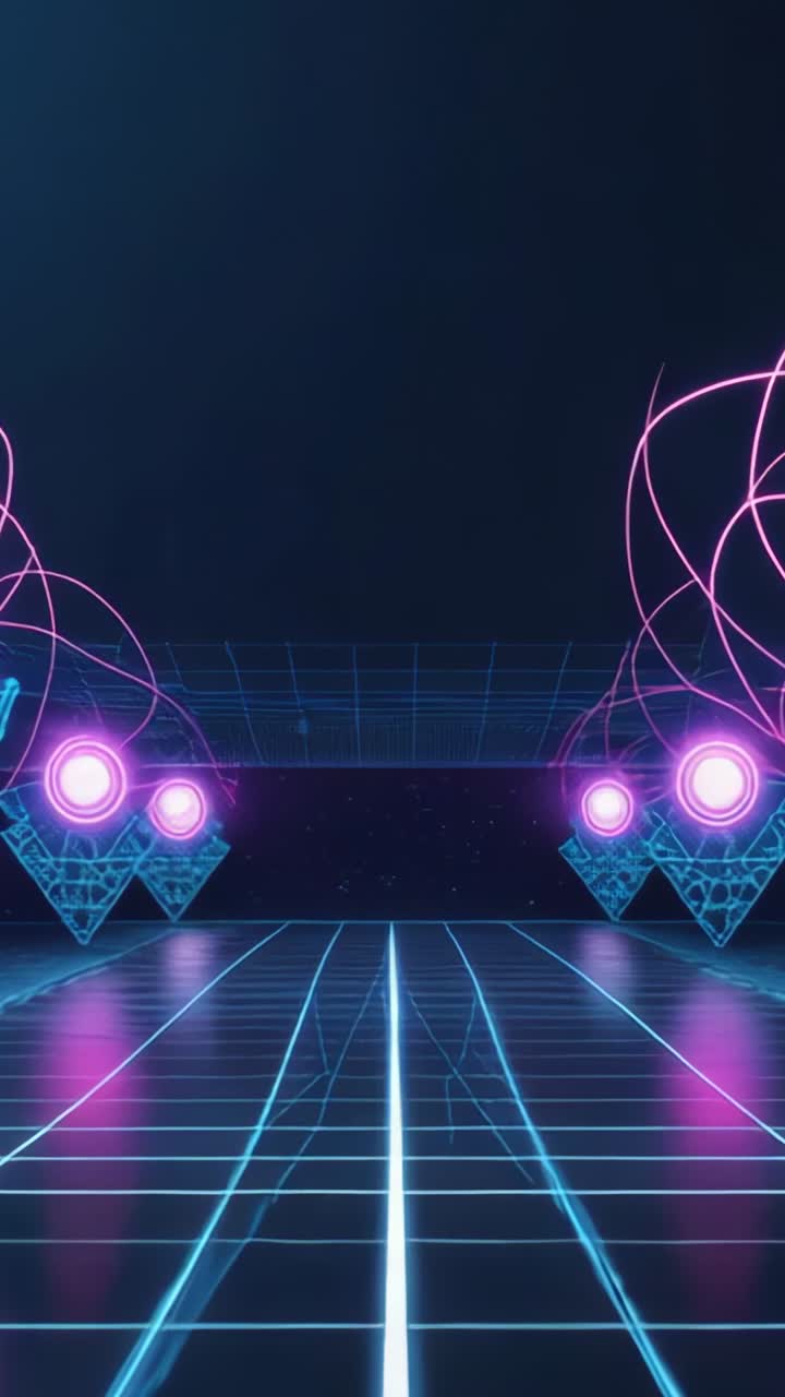 Video verticale: sequenza iniziale di corridoio al neon con griglia pulsante, strutture triangolari, nuclei luminosi