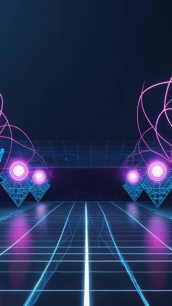 Video verticale: sequenza iniziale di corridoio al neon con griglia pulsante, strutture triangolari, nuclei luminosi