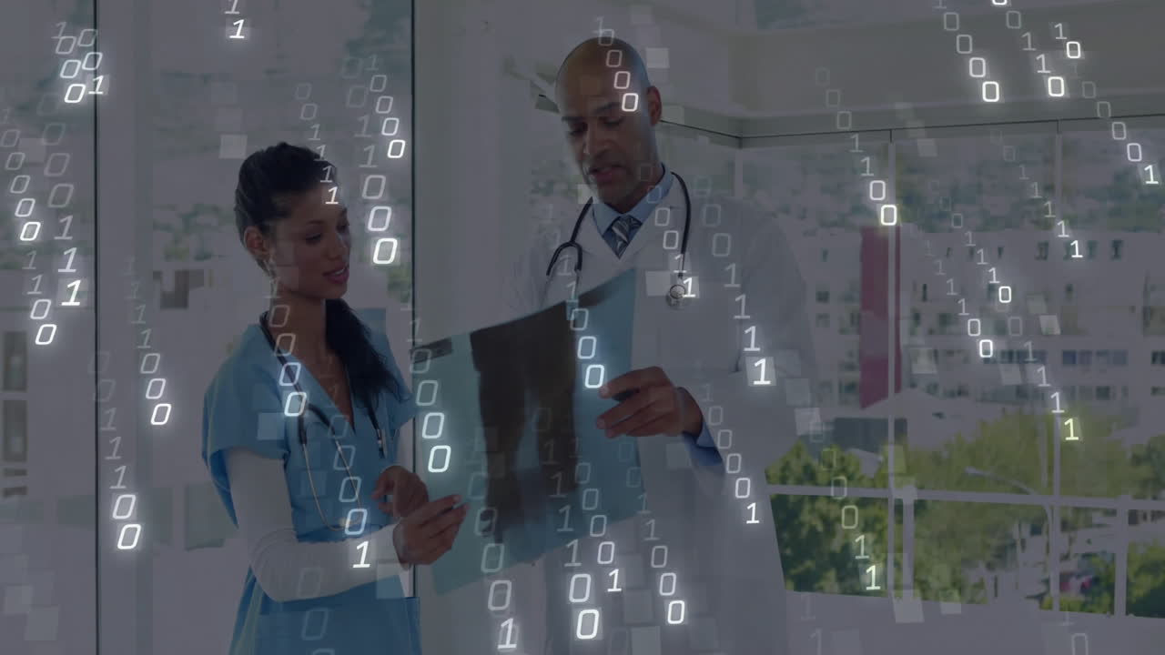 Nurse and doctor with stethoscopes examining X-ray film at hospital, displaying binary overlay