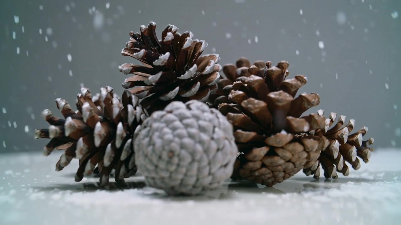 Flocos de neve caindo cobrindo pinhas em uma mesa de estúdio, criando um aglomerado congelado.