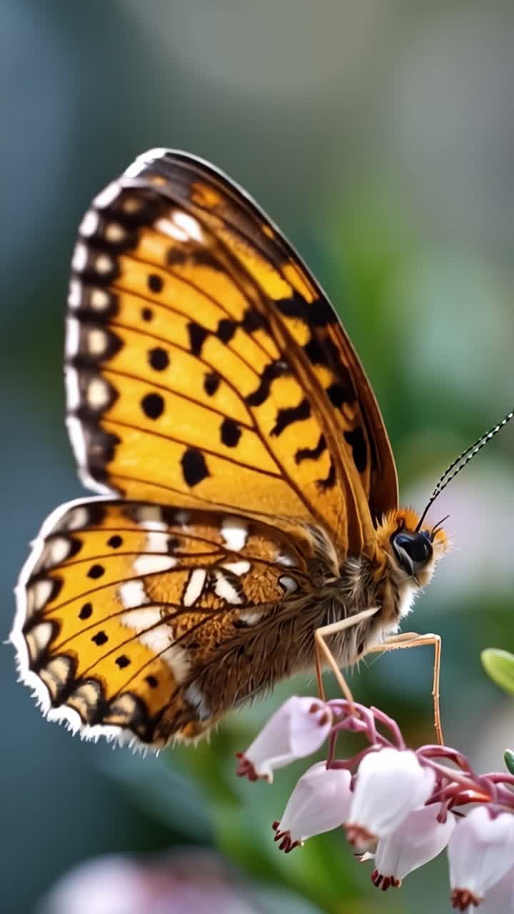 A Close-Up View of a Beautiful Butterfly Feeding on Delicate Flowers in Soft Focus, Showcasing Vibrant Colors and Intricate Patterns in Nature's Splendor