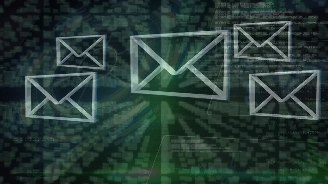 animação de ícones de envelopes e processamento de dados em fundo preto