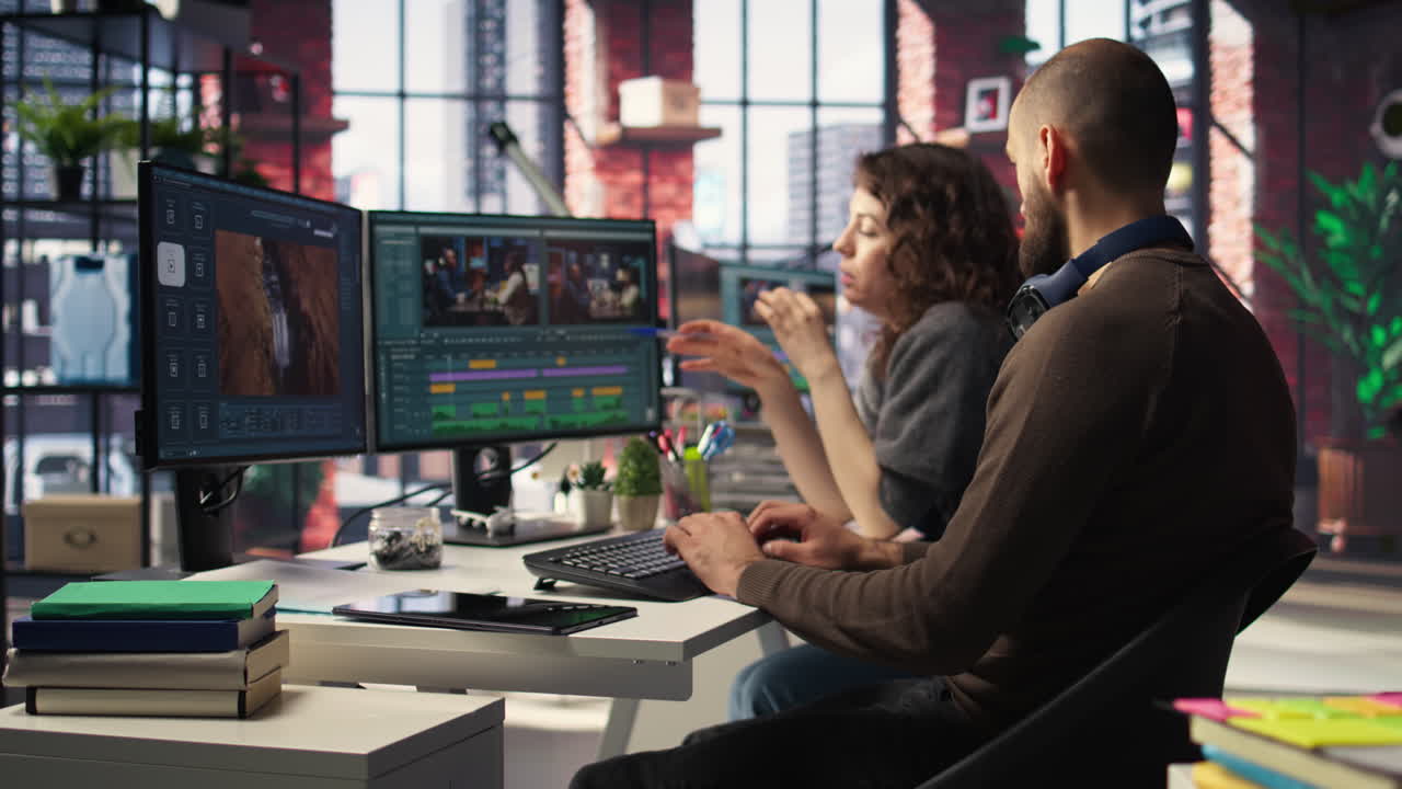 Video editors team working with AI chatbot and montage maker software