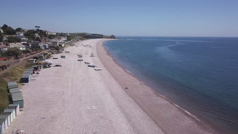 An-aerial-view-of-the-beautiful-pebble-beaches-of-Budleigh-Salterton,-a-small-town-on-the-Jurassic-Coast-in-East-Devon,-England-near-Exeter