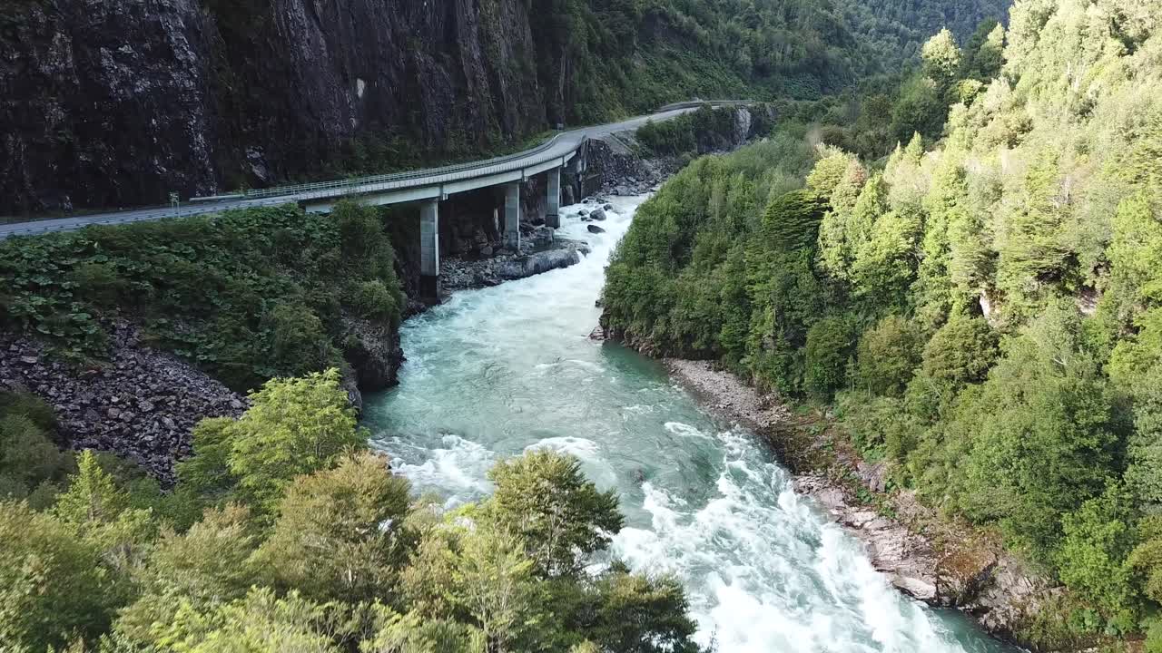 Fresh Alpine River Water, Forest and Canyon Road, Drone Aerial View, Patagonia, Chile