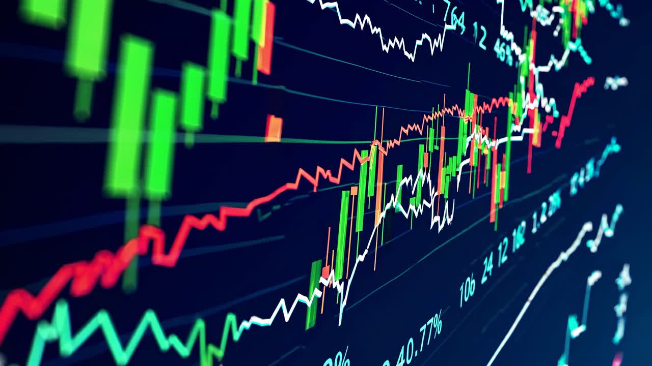 Angolazione dinamica ravvicinata di grafici fluttuanti del mercato azionario su uno schermo, che illustrano dati finanziari