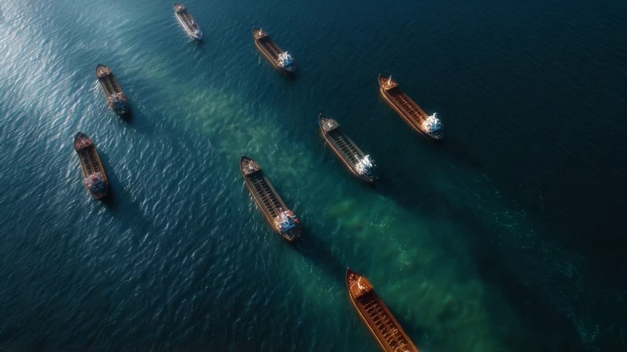Luftfoto af fragtskibe, der sejler i et roligt ocean. Skibe bevæger sig stabilt gennem klart, dybblåt vand. Sollys reflekteres fra overfladen og skaber blide krusninger. Optagelsen viser maritim handel.