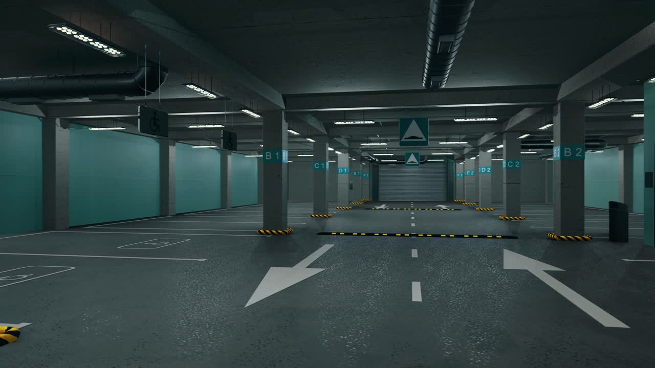 estacionamiento subterráneo sin automóviles. estacionamiento bajo tierra moderno. estacionamiento moderno interior completo. estacionamiento subaterráneo escena de garaje