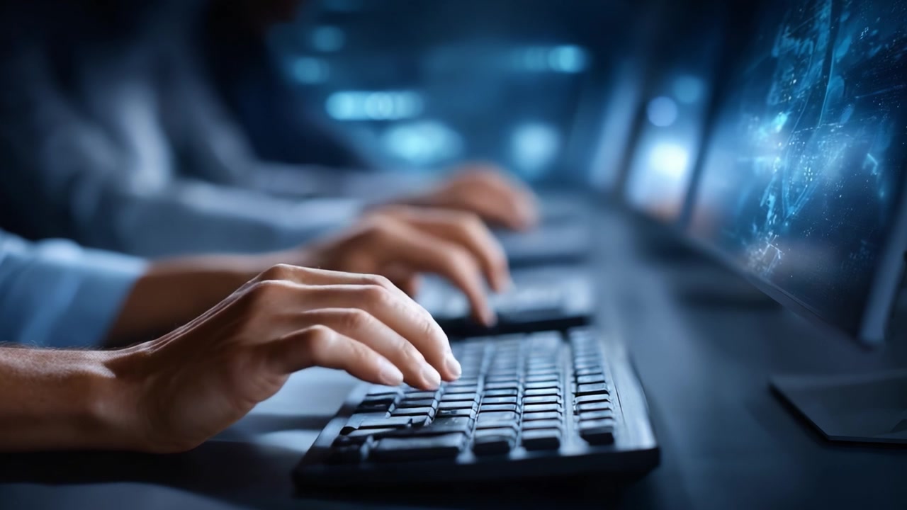 Hands Engaged in Typing at Multiple Computer Workstations in a Dimly Lit Environment, Emphasizing Digital Connectivity and Collaborative Efforts in Modern Workspaces