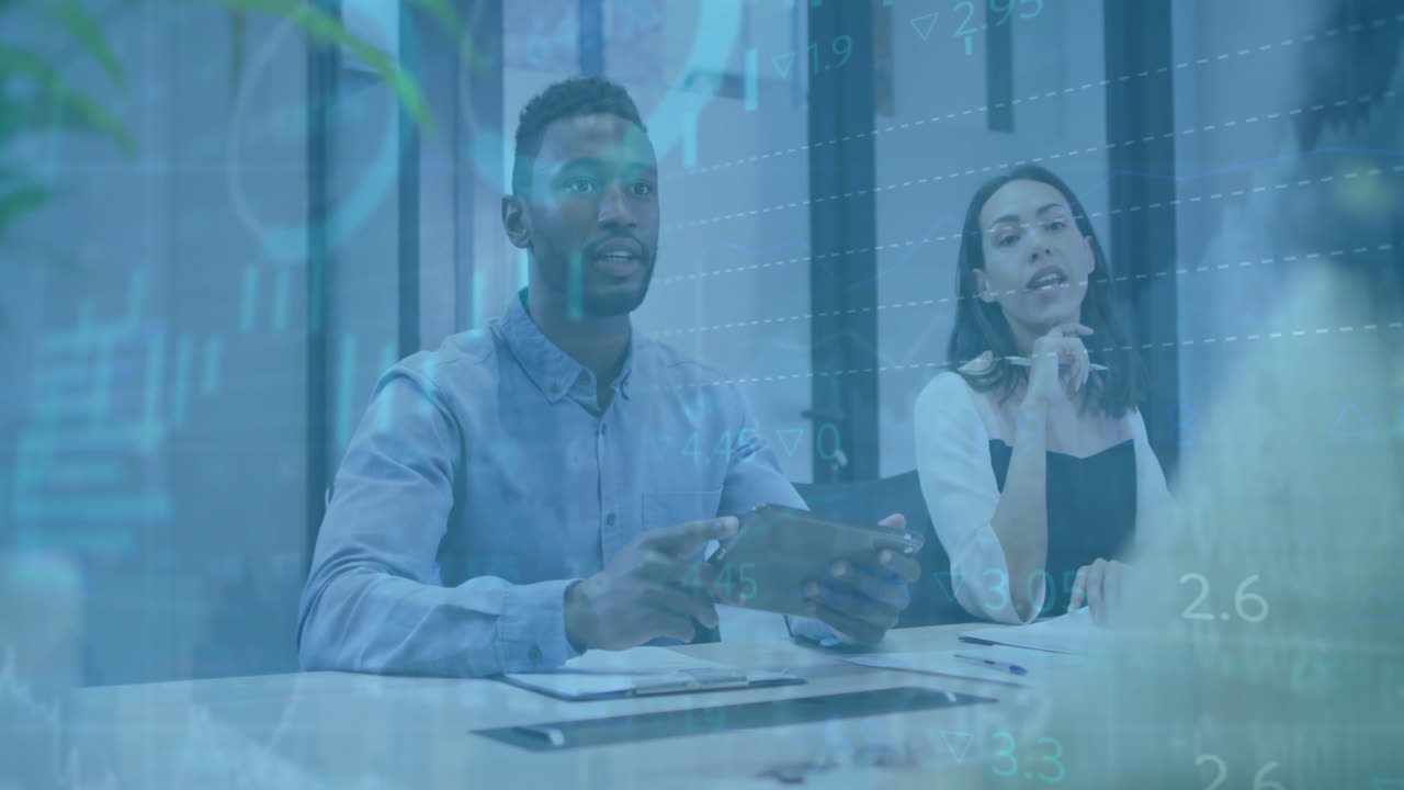 Animation of financial data processing over diverse business people in office